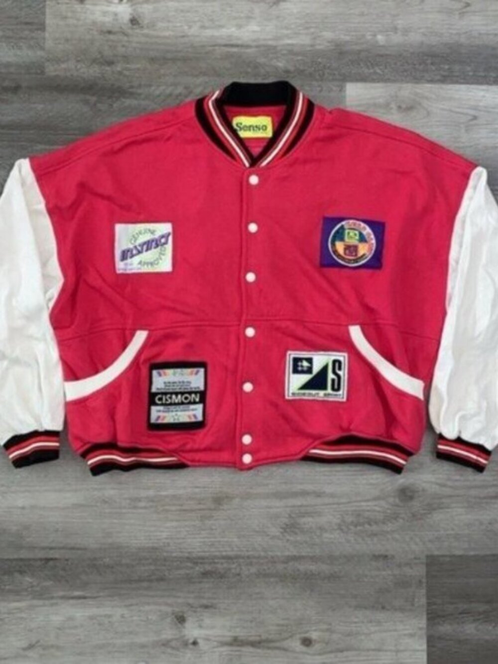 VTG SENSO Bomber Jacket Patches Snap Button Closure Red White Novelty Mens Large
